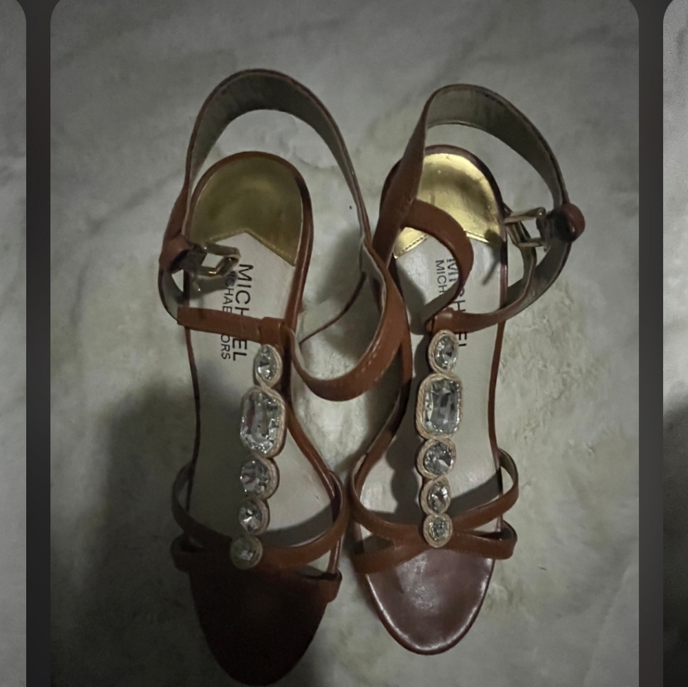 Michael Kors Brown Crystal T-Strap Heeled Sandals